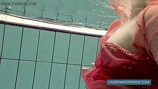 Katya okuneva in red dress, solo set underwater in the pool