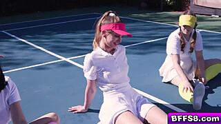 Three girlfriends receive a tennis lesson from a desirable male and tensions rise quickly