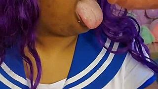 Voluptuous ebony sailor scout gives an enthusiastic blowjob
